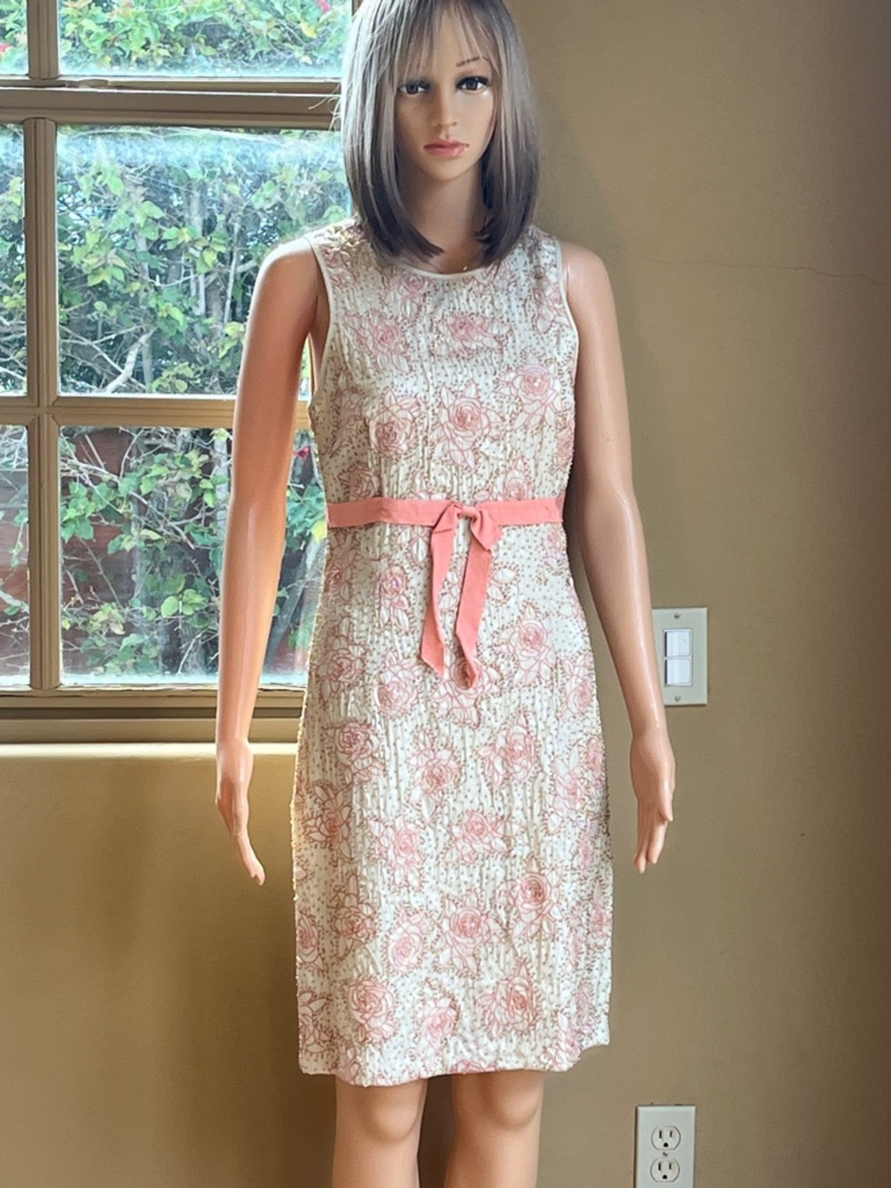 Laundry By Shelli Segal Cream Dress with Pink Embroidery and Gold Beads